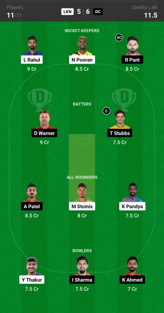 LSG VS DC Dream 11 My11Circle