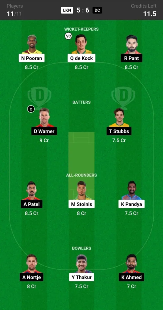 LSG VS DC Dream 11 My11Circle