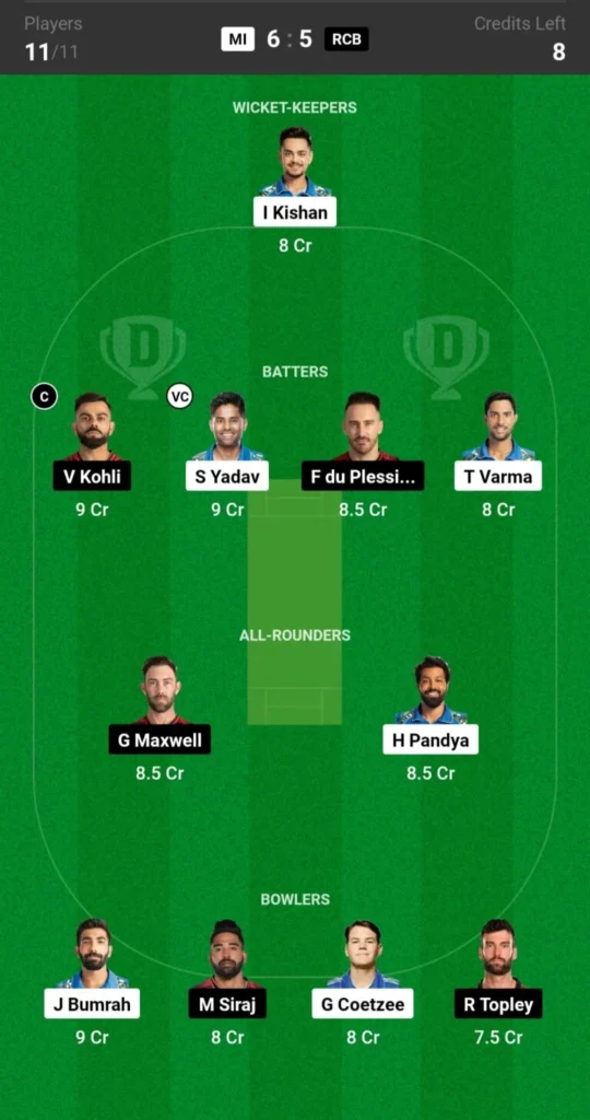 MI VS RCB Dream 11